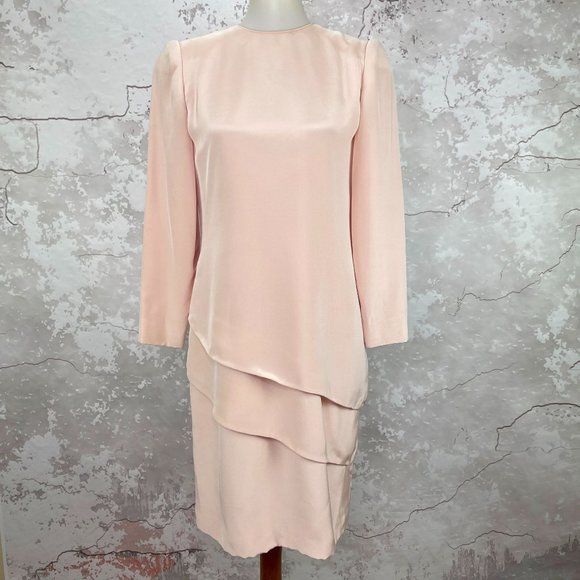 Vintage David Hayes Silk Pink Tiered Shift Midi Dress 8 - Picture 10 of 10